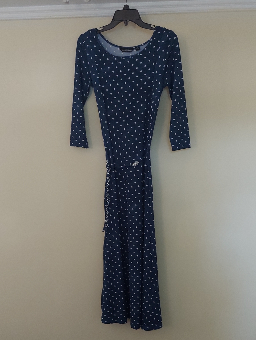 Nina Leonard Navy and White Polka Dot Long Sleeve Maxi Dress
